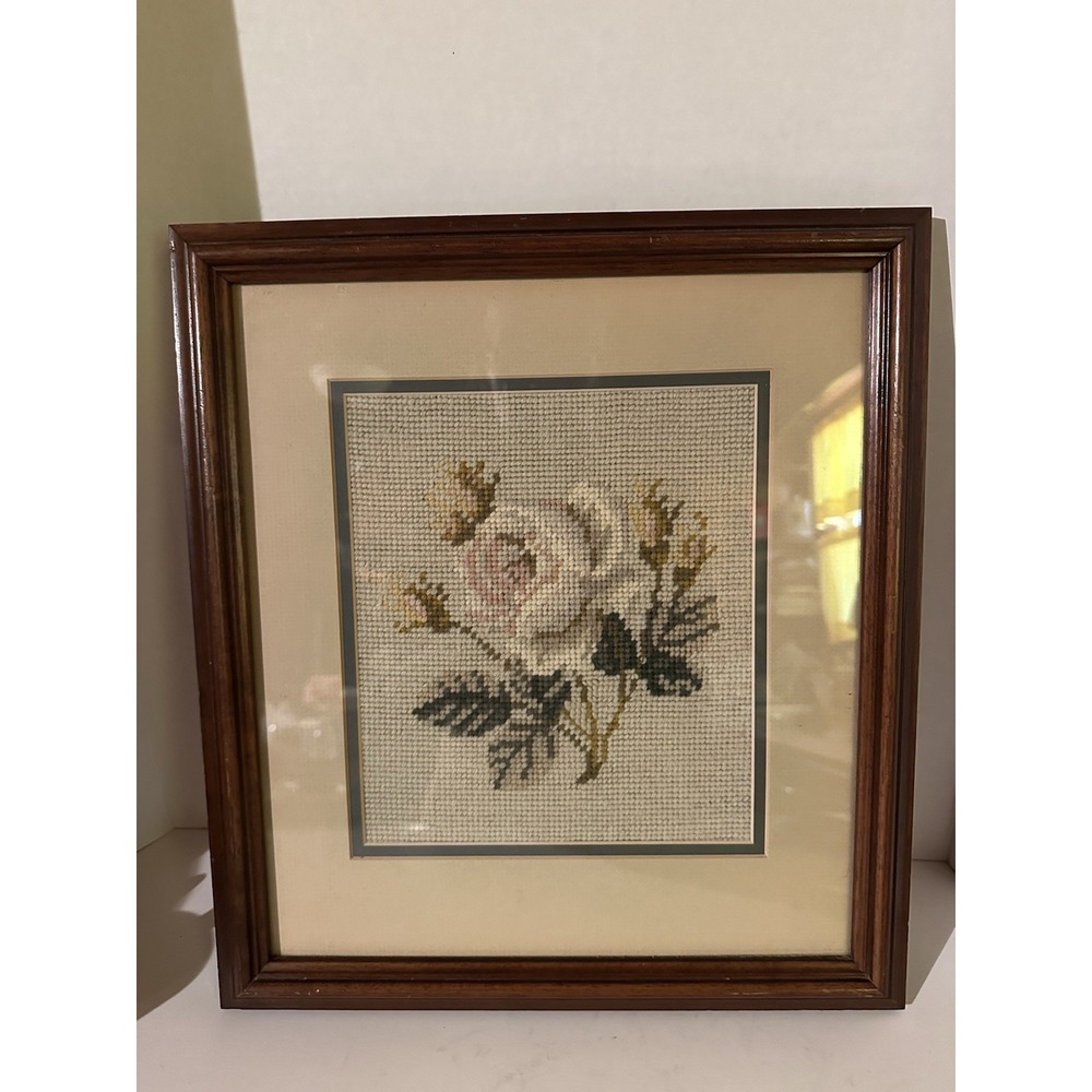 Vintage Needlepoint Cabbage Rose In Wood Frame 14.5 X 13 Cottage Core
